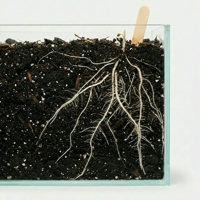 Healthy roots in rich soil macro